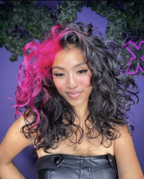 Pink Hair Highlights Curly, Fashion Color Curly Hair, Curly Multicolored Hair, Curly Neopolitan Hair, Fun Hair Color Ideas For Curly Hair, Colourful Curly Hair, Peak A Boo Hair Color Curly Hair, Pink Skunk Stripe Curly Hair, Skunk Dyed Hair Curly