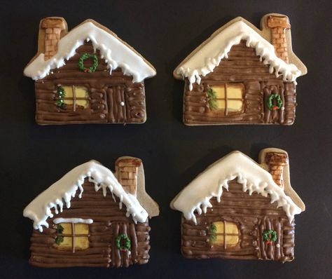 Rustic Cabin Cookies Cabin Cookies Decorated, Log Cabin Cookies Decorated, Fancy Sugar Cookies, Christmas Log, Winter Cookie, Iced Sugar Cookies, Christmas Fireplace, Christmas Cookies Decorated, Icing Cookies