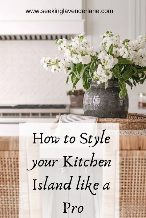 How To Decorate Your Island, Flowers On Kitchen Counter, Tray On Island Decor, Kitchen Island Plant Decor, Flowers For Kitchen Island, Styling Island Kitchen, Decorating Large Island In Kitchen, How To Dress A Kitchen Island, Center Island Decor Farmhouse