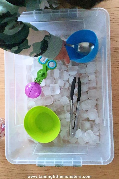 Simple Ice Sensory Bin for Kids - Taming Little Monsters Ice Cube Sensory Bin, White Sensory Bin, Ice Sensory Bin, Frozen Themed Sensory Bin, Color Blue Sensory Bin, Coloured Ice Cubes Sensory Play, Dye Rice For Sensory Bin, Sensory Activity For Toddlers, Kids Sensory Activities