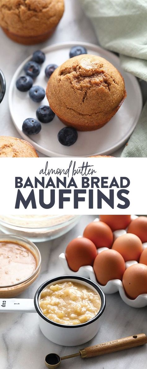 Love banana bread? You're going to love our almond butter banana bread muffins! These healthy muffins are made with 100% whole grains, 2 ripe bananas, coconut oil, and all-natural sugar from coconut sugar! Almond Butter Banana Muffins, Butter Banana Bread, Bana Bread, Almond Butter Muffins, Almond Butter Banana Bread, Baked Muffins, Oatmeal Pumpkin, Ripe Banana Recipe, Butter Muffins