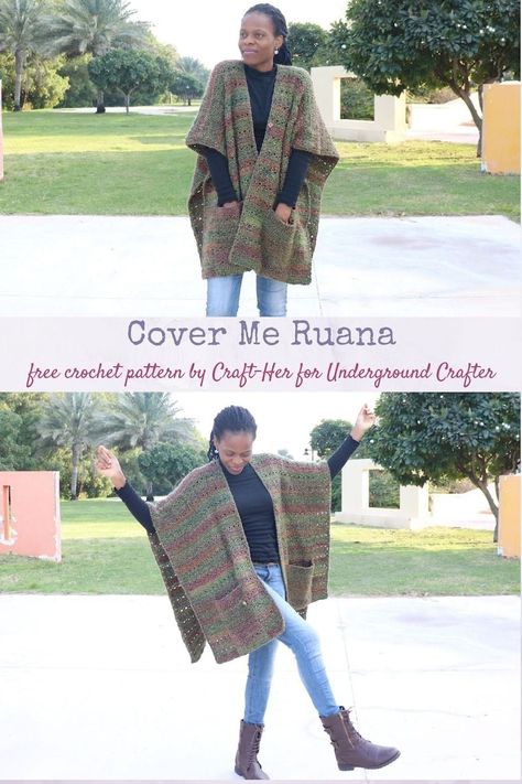 Free #crochet pattern: Cover Me Ruana in Lion Brand Homespun #yarn by Craft-Her for Underground Crafter | This cozy, crochet ruana pattern works up quickly in bulky yarn. #undergroundcrafter #craftherblog #lionbrand #crochetruanapattern Tunisian Crochet Ruana Pattern, Crocheted Ruana Patterns Free, Crochet Ruana Wrap Pattern Free, Crochet Ruana Pattern Free, Crochet Ruana Pattern, Crochet Ruana, Ruana Pattern, Crochet Cal, Crocheted Scarves