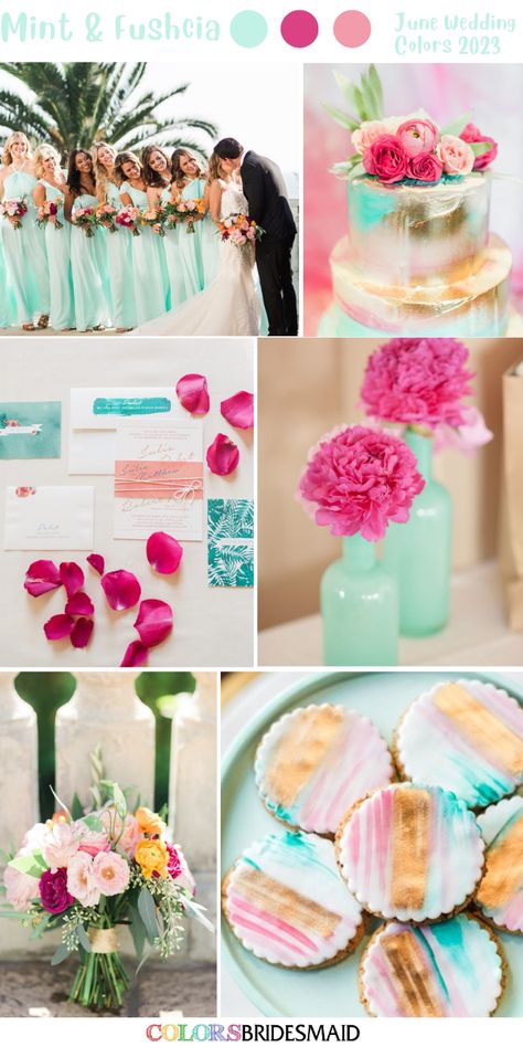 Mint Green and Fuchsia June Wedding Color Palettes Inspirations 2023: Mint bridesmaid dresses, fuschia and pink bouquets, weddng cake with mint and gold colors plus fuschia and pink blooms, mint and white invitation, mint and fuschia paper confetti for decorations. Pink Blue Green Wedding Colour Palettes, Mint Color Palette Wedding, Mint Wedding Colors, Aqua And Blush Wedding, Ice Blue And Fuschia Wedding, Teal And Fuschia Wedding, Aqua And Pink Wedding, Mint Green Wedding Theme, Mint Green Wedding Cake