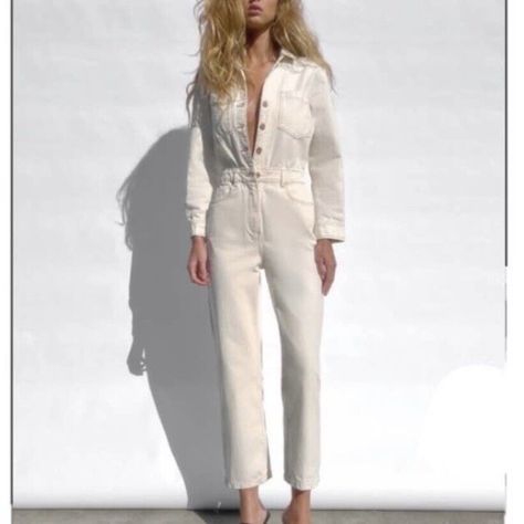 Zara Cream Denim Coverall Utility Jumpsuit Small In Cream Nwt Structured Utility Coveralls. Cream Colored With Contrasting Stitching. Structured Fit. Coveralls Flight Suit Denim New With Tags Denim Jumpsuit Outfit, Cream Jumpsuit, Denim Coverall, Utility Jumpsuit, Contrasting Stitching, Flight Suit, Zara Jumpsuit, Boiler Suit, Jumpsuit Outfit