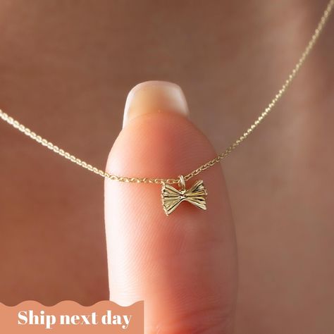 Bow Tie Necklace, Bow Tie Pendant, Bow Tie Charm, Solid Gold Bow Tie Necklace, 21st Birthday Gift For Her, Mother in Law Gift, Gift For Her by MinalivaJewelry on Etsy Gold Necklace With Bow For Party, Gift Jewelry Pendant With Bow, Gift Bow Pendant Jewelry, Gold Necklaces With Bow As Gifts, Gold Necklace With Bow For Gifts, Gold Bow Tie, Wishbone Necklace, Handmade Gold Ring, Gold Moon Necklace