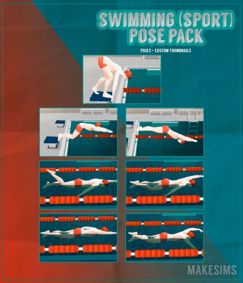 est. oct 7 2018 | Swimming (Sport) Pose Pack This pack has seven... Sims 4 Swimming Poses, Swimming Poses, Swimming Posters, Ts4 Poses, 4 Family, Sims 4 Family, Olympic Swimming, Swimming Sport, Los Sims