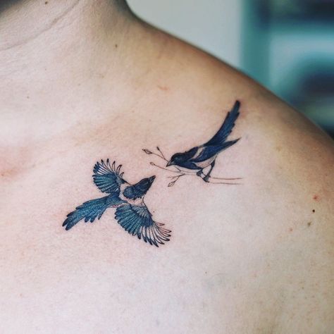 Magpie And Flower Tattoo, Bird Tattoo Blue Jay, Blue Jay Flying Tattoo, Magpie Shoulder Tattoo, Crow Tattoo Wrist, Traditional Blue Bird Tattoo, Blue Jay Outline Tattoo, Nightjar Tattoo, Scrub Jay Tattoo