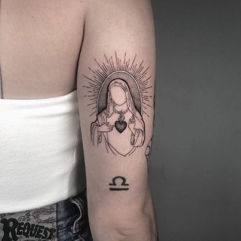 Chicano Virgin Mary Tattoo, St Therese Of Lisieux Tattoo, Tattoo Ideas Mexican Culture, Bicep Tattoo Women Inner, Small Tattoo Cover Up, Chicano Tattoo Flash, Sacred Heart Of Jesus Tattoo, Catholic Tattoos For Women, Dark Whimsical Aesthetic