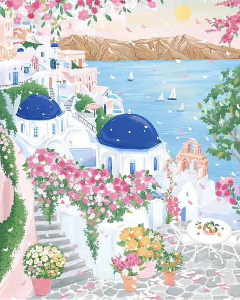 @simply_katy Vintage Travel Posters Greece, Mediterranean Wall, Art Eras, Cute Summer Wallpapers, Pretty Artwork, Oia Santorini, Monet Paintings, Cellphone Wallpaper Backgrounds, Spring Wallpaper