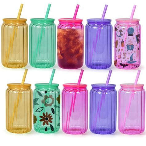 PRICES MAY VARY. SUBLIMATION GLASS BLANKS : Sublimation glass tumblers body is coated with premium sublimation coate, you can sublimate by a convection oven or tumbler heat press machine to get a unique sublimation glass cup, the printing is bright and not blurred, the details are clear and not faded, you can design any image you want. (The inner wall of the glass is striped and the outer surface is smooth, so you can DIY with confidence!) PACKAGE INCLUDES : Sublimation glass cups with lids and Cups With Lids And Straws, Beer Glass Can, Drinking Jars, Cups With Lids, Glass Tumblers, Glass Cups, Press Machine, Convection Oven, Iced Drinks