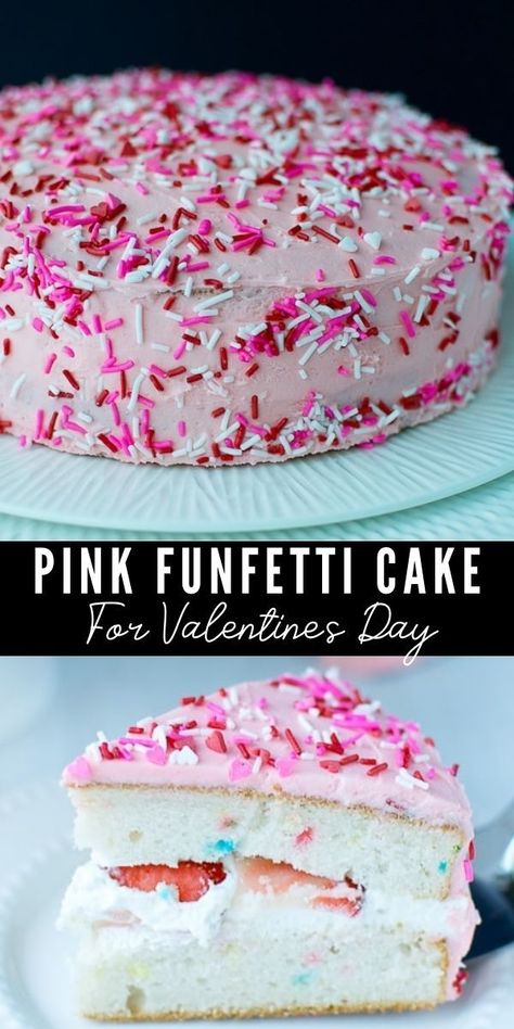 Pink Funfetti Cake For Valentine’s Day / Birthday. Fluffy two layer cake, stuffed with whipped cream and fresh strawberries. Covered with homemade pink buttercream and topped with sprinkles. Homemade Pink Cake, Pink Funfetti Cake Birthday, Pink Homemade Birthday Cake, Pink Cake With Sprinkles, Pink Zebra Funfetti Cake Batter Recipes, Funfetti Cake Recipe, Two Layer Cake, Pink Buttercream, Two Layer Cakes