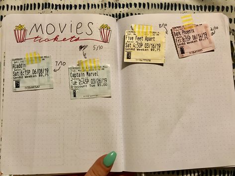 Movie Ticket Drawing, Movie Ticket Journal, Movie Ticket Scrapbook, Diy Movie Tickets, Cinema Journal, Movie Ticket Journal Page, Ticket Journal, Journal Movie Page, Movie Ticket Scrapbook Page