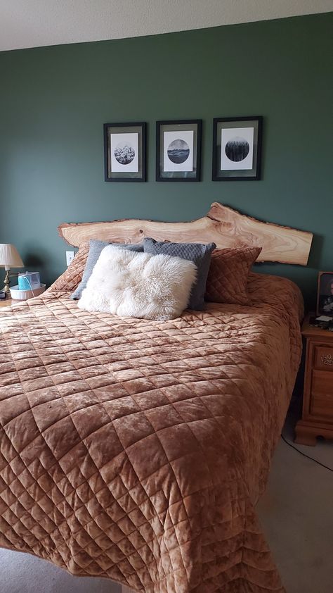 Live Wood Headboard, Raw Edge Headboard, Live Edge Bed Headboard, Live Edge Headboard Diy, Redwood Headboard, Live Edge Wood Headboard, Wall Headboard Ideas Diy, Live Edge Bedroom, Alaskan Homestead