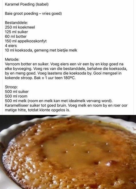 Warm Poeding Resepte, Gebakte Poeding Resepte, Nagereg Resepte, Buttermints Recipe, Pudding Recipes Homemade, Easy Tart Recipes, Hot Desserts, African Dessert, Warm Desserts