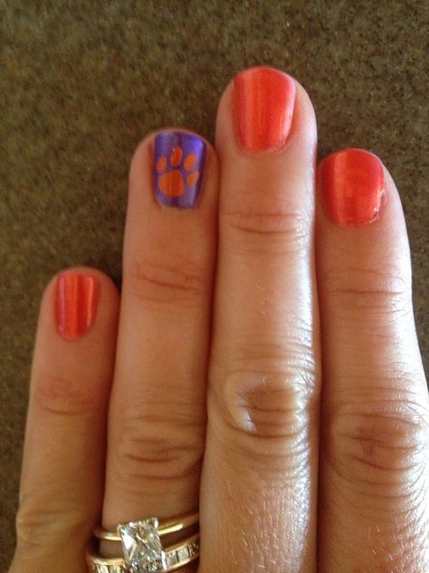 Clemson Nails Designs Football Season, Clemson Nails Designs, Clemson Tiger Nails, Tn Vols Nail Designs, Auburn Football Nails Designs, Virginia Tech Nails Art, Clemson Tiger Nail Designs, Clemson Nails, Vols Nails Tennessee Orange