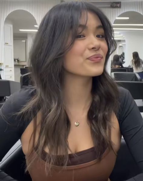 Long Hair With Curtain Bangs Brunette, Balayage Hair With Wispy Bangs, 2023 Hair Trends For Women Layers, Dark Hair And Curtain Bangs, Hair Inspo Curtain Bangs And Layers, Wolfcut With Wispy Curtain Bangs, Wispy Bangs On Asians, Curtain Bangs At Cheekbone, Layered Haircut Wavy Hair Medium