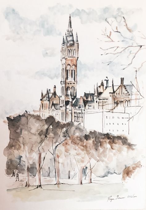 Glasgow, Scotland | Watercolor | By Regan Louise Glasgow Illustration, Scotland Watercolor, University Of Glasgow, Glasgow University, Glasgow Scotland, Pencil Art Drawings, Christmas Watercolor, Pencil Art, Northern Ireland