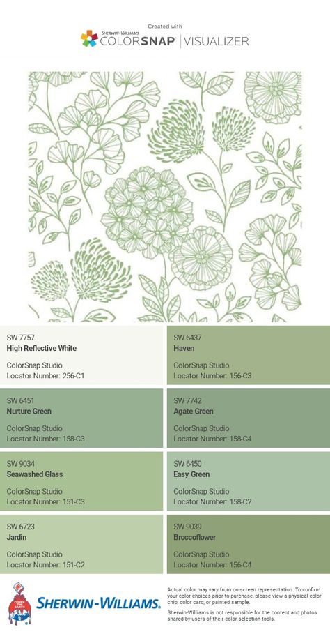 I just created this color palette with the Sherwin-Williams ColorSnap® Visualizer app on my Android phone. What do you think? You can learn more about ColorSnap Visualizer and get it on your phone free by visiting https://www.sherwin-williams.com/content/colorsnap.html. Sherwin Williams Nurture Green, Nurture Green Sherwin Williams, Colorsnap Visualizer Sherwin Williams, Sherwin Williams Paint Colors Green, Green Sherwin Williams, Light Green Kitchen, Green Exterior House Colors, Sherwin Williams Green, Light Green Paint