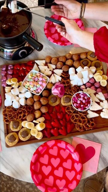 Valentines Day Chocolate Fondue Board, Valentines Fondue, Fondue Charcuterie Board, Fondue Board, Holiday Charcuterie, Macy Blackwell, Fondue Night, Valentines Movies, Candy Board