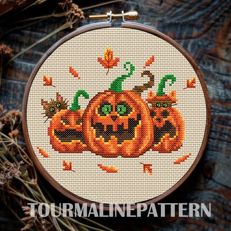 Cross stitch pattern featuring funny Halloween cats playing among pumpkins. This vintage Halloween design blends dark and witchy elements with autumn vibes. Perfect for cat lovers, the pattern combines pumpkin embroidery with garden cross stitch, making it an ideal fall project for Halloween decor. This cross stitch pattern includes multiple downloadable PDF files for immediate access, such as: - Color-coded pattern with a floss legend (ideal for printing) - Monochrome pattern with a floss legend (suitable for printing) - A full image for your reference - A list of DMC thread colors Fabric: Aida 14   Size: 83 x 71 stitches   DMC colors: 14   Finished Sizes:  14 count: 5.9 x 5 inches (15 x 12.8 cm)    16 count: 5.1 x 4.4 inches (13.1 x 11.2 cm)   18 count: 4.6 x 3.9 inches (11.7 x 10 cm) Witchy Elements, Vintage Halloween Designs, Garden Cross, Pumpkin Embroidery, Halloween Cross Stitch, Pumpkin Cross Stitch, Gothic Elements, Fall Cross Stitch, Cats Playing