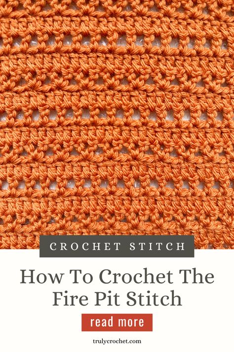 The Fire Pit Stitch is a very easy crochet stitch pattern which would be suitable for an beginner/advanced beginner crocheter. The stitches used are the V-stitch and the dc stitch. This crochet stitch has eyelet stitches meaning that there’s chain stitches in between other crochet stitches giving it a peephole effect and it works up really quick because of this. Learn how to crochet the Fire Pit Stitch below by using the written pattern which features the multiples. Crochet Dc Stitch, Crochet Stitches For Scarves, Cool Crochet Stitches, Crochet Stitch Sampler, Crochet Blanket Stitches, Crochet Zig Zag, Stitch Step By Step, Advanced Crochet Stitches, Valentines Day Dress