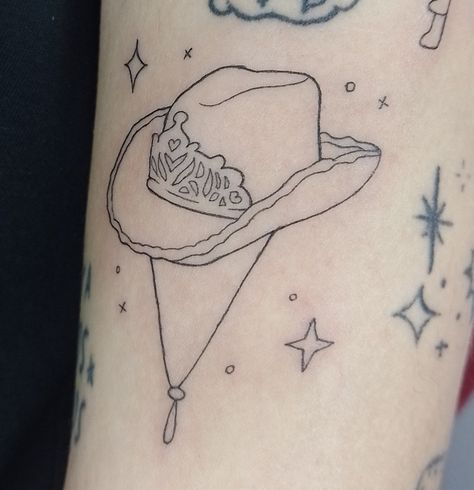 Cow Wearing Cowboy Hat Tattoo, Pink Cowboy Hat Tattoo, Pink Pony Club Tattoo, Penny Tattoo, Tiara Tattoo, Cowboy Hat Tattoo, Hat Tattoo, Club Tattoo, Pink Cowboy Hat