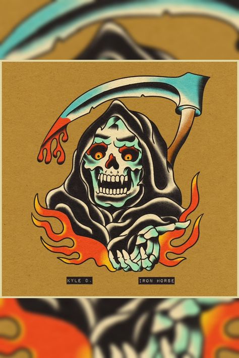 Traditional Reaper Tattoo Flash, Grim Reaper Traditional Tattoo, Grim Reaper Skull Tattoo, Grim Reaper Tattoo Traditional, Reaper Skull Tattoo, American Traditional Grim Reaper, Grimm Reaper Tattoo, Traditional Reaper Tattoo, Traditional Grim Reaper Tattoo