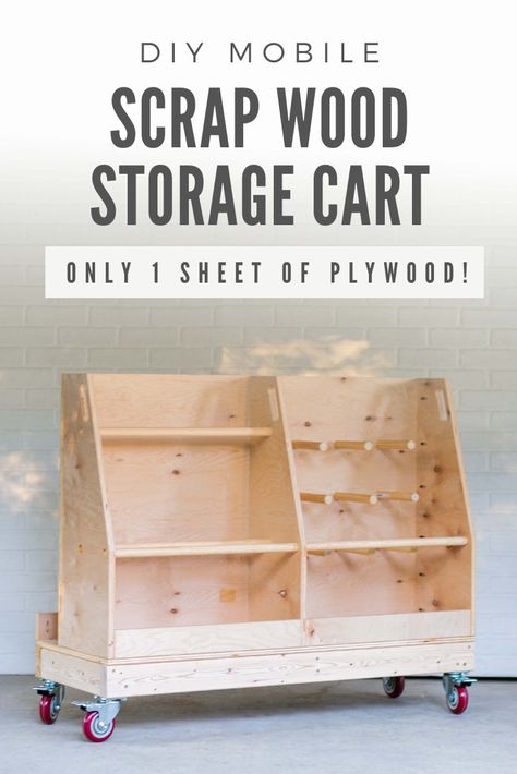 How to build a plywood and scrap lumber wood storage cart, from only 1 sheet of plywood! This cart is great for small spaces, mobile and provides great organization. Full step by step video tutorial and build plans available! Lumber Storage Cart, Wood Storage Cart, Scrap Wood Storage, Wood Cart, Plywood Storage, Sheet Storage, Wood Storage Rack, Workshop Projects, Bar Business