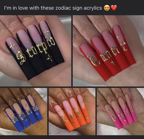 Birthday Nails Scorpio Long, Taurus Nails Acrylic, Unique Birthday Nails, Baddie Birthday Nails Capricorn, Aries Nails Zodiac Signs, Custom Press On Nail Designs, Birthday Nail Set Ideas Scorpio, Astro Nails, Leo Nails Zodiac