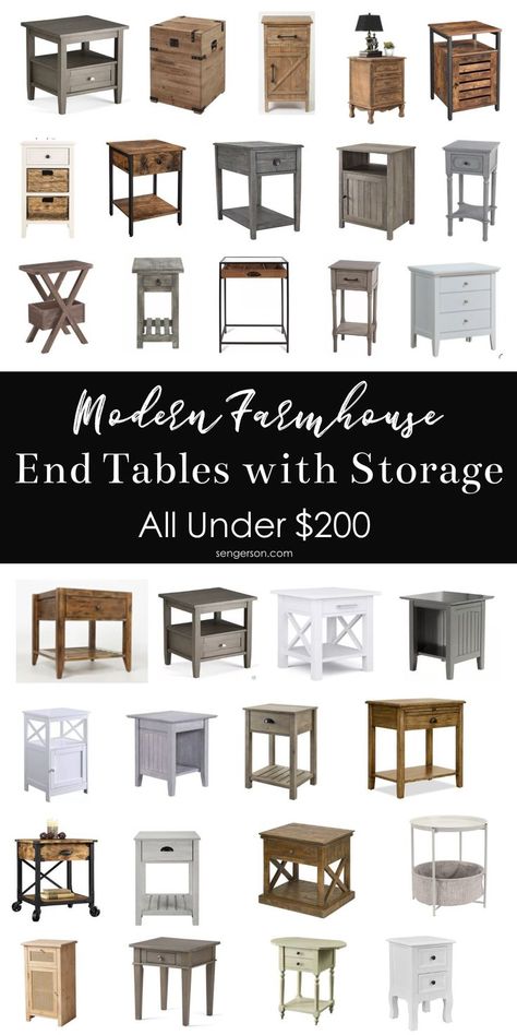 Farmhouse Side Tables, Side Tables With Storage, Budget Farmhouse Decor, Farmhouse Style Coffee Table, Tables With Storage, Storage For Living Room, Rustic End Tables, Modern Farmhouse Diy, Farmhouse End Tables