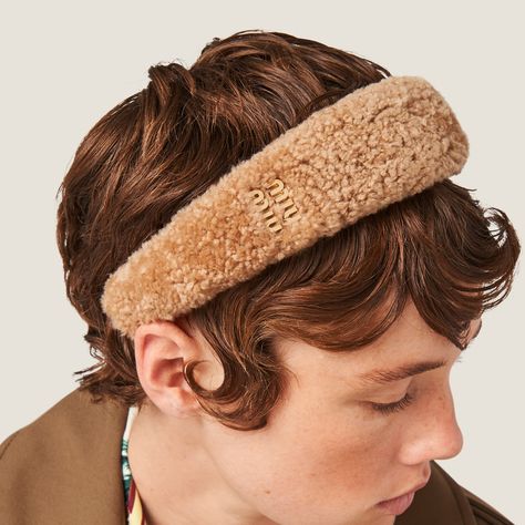 Caramel Shearling Headband | Miu Miu Miu Miu Headband, Christmas Presents To Make, Luxury Hampers, Metal Lettering, Metal Hair Clips, Lettering Logo, Metallic Hair, Metallic Logo, Letter Logo