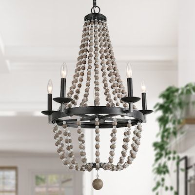 LNC Mocha 5-Light Distressed Gray Wood with Brushed Black Empire Bohemian/Global Beaded Chandelier in the Chandeliers department at Lowes.com Wine Barrel Lighting, Beaded Chandeliers, Wood Beaded Chandelier, Wooden Bead Chandelier, Candlestick Chandelier, Geometric Lantern, Modern Farmhouse Chandelier, Chandelier Ideas, Boho Chandelier