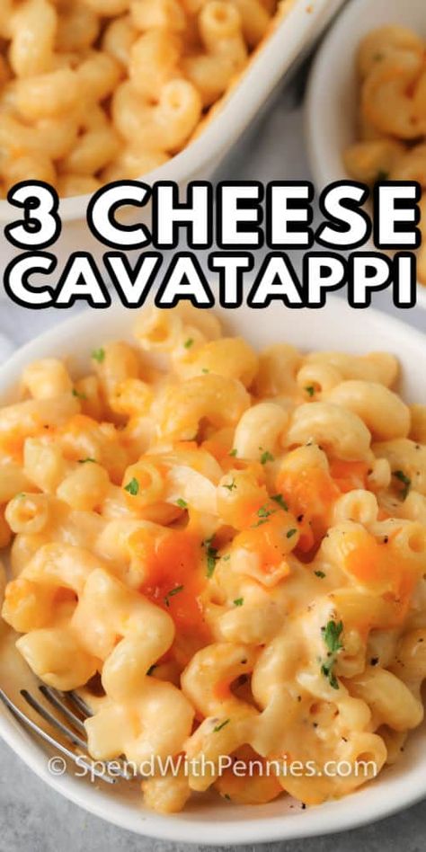 3 Cheese Cavatappi is a cheesy, creamy pasta dish that is comforting and satisfying! It's a perfect option for a quick, weekday meal! #spendwithpennies #cheesecavatappi #recipe #pasta #maindish #baked Lazanya Recipes, Easy Cavatappi Pasta Recipes, Cavatappi Mac And Cheese Baked, Cavatappi Recipes, Cavatappi Mac And Cheese, Cavatappi Pasta Recipes, Creamy Cheesy Pasta, Macaroni Cheese Recipes, Creamy Pasta Dishes