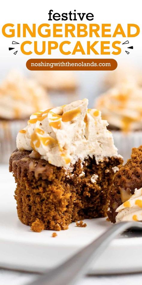 A fork has cut into a gingerbread cupcake. Ginger Snap Cupcakes, Moist Gingerbread Cupcakes, Gingerbread Latte Cupcakes, Xmas Baking, Gingerbread Cupcakes, Gingerbread Cake, Easy Cupcakes, Sweet Treats Recipes, Holiday Foods