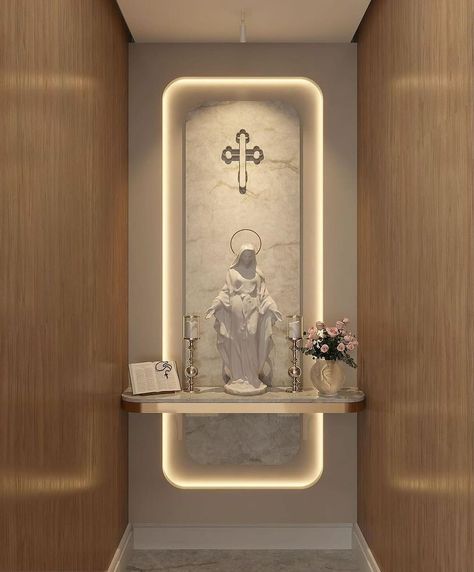 Roshini • Instagram Modern Shrine Room Design, Indian Altar Puja Room, Hindu Alter Puja Room, Altar Para La Virgen Ideas En Casa, Small Altar Design Home Catholic, Alter Ideas Spiritual, Wall Altar Ideas Catholic, Entrance Lobby Design, Foyer Designs