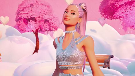 Ariana grande wearing a grey glittery crop top and skirt with thigh high boots with her signature ponytail (pink) Ariana Grande Fortnite, Skin Wallpaper, Ariana Grande Cute, Fortnite Skins, Left And Right, Ariana Grande, Fortnite, Fort, Skin