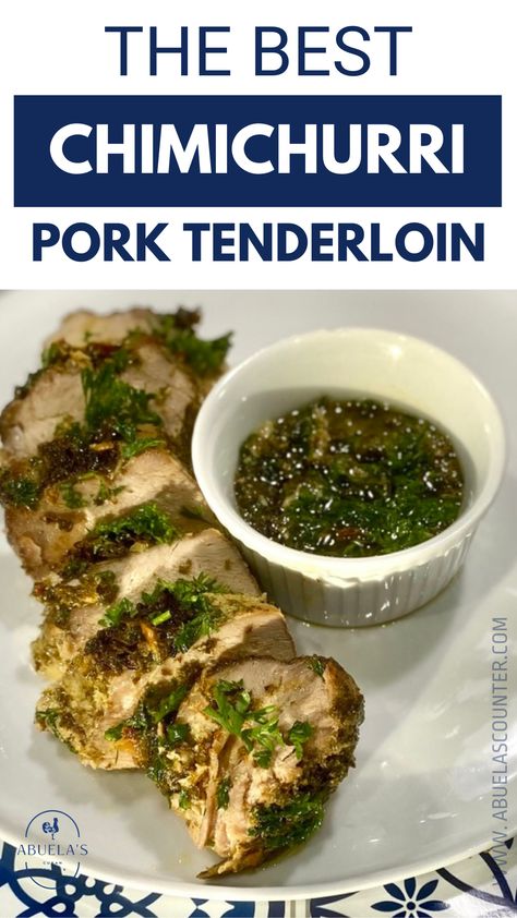 Juicy pork tenderloin with a homemade chimichurri sauce is so incredibly delicious. The pork loin marinates for two hours before roasting. For more great Cuban pork recipes be sure to follow along! Cuban Pork Recipes, Cuban Pork Tenderloin, Helping With Homework, Cuban Pork, Juicy Pork Tenderloin, Pork Roast In Oven, Pork Sauce, Chimichurri Recipe, Chimichurri Sauce