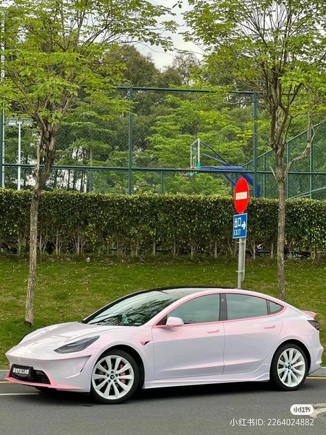 Pink Tesla Car Interior, White Car Pink Accents, White Car With Pink Accents, Pink Tesla Model 3, Light Pink Tesla, White And Pink Car, Pink Lexus, Light Pink Car, Pink Suv