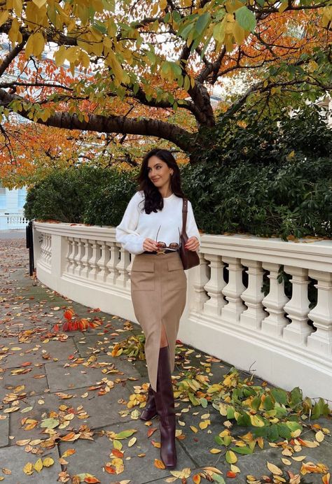 Brown Boots Autumn Outfit, Silk Skirt And Boots Outfit, Brown Boots Styling, Fall Outfits With Skirts And Boots, Brown Knee High Boots Outfit Fall, How To Style Brown Boots Ankle, Brown Calf Boots Outfit, Dark Brown Boots Outfit Ankle, Midi Skirt Boots Outfit