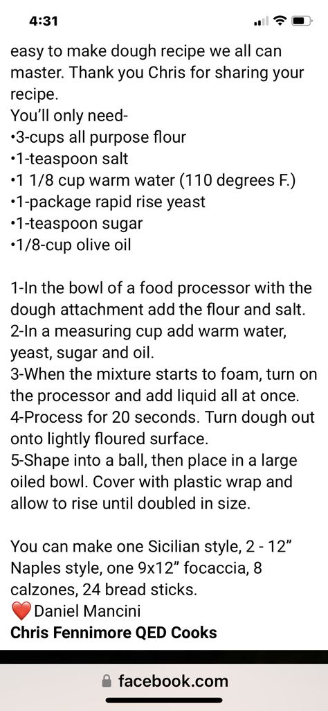 Chris Fennimore/Mancini pizza dough Yeast Recipes, Dough Recipe, Pizza Dough, Us Foods, Yeast, Warm Water, A Food, Food Processor Recipes, Dough