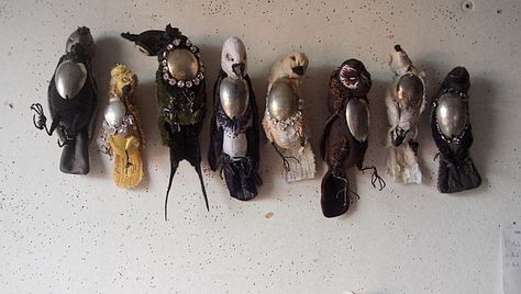 /\ /\ . Silver-Spoon-Breasted Birds from textile artist Mister Finch Mr Finch, Mister Finch, Dead Bird, Ann Wood, Taxidermy Art, Vintage Spoons, Textile Artist, Silver Spoon, Assemblage Art