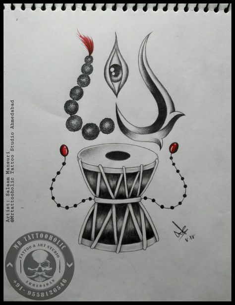 Damarukam Tattoo, Mahadev Art Sketch, Mahadev Damru, Damru Tattoo Design, Mahadev Sketch, Damru Tattoo, Pencil Drawing Inspiration, Trishul Tattoo Designs, Skull Art Tattoo