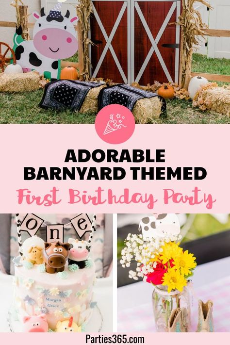 Old Macdonald First Birthday Party, Things To Do At 1st Birthday Party, Barnyard Birthday Party Girl, Farm Themed Birthday Party Food, Old Mcdonald Birthday Party, Farm Birthday Party Food Ideas, Farm Theme First Birthday, Farm Animals First Birthday, Farm Party Food