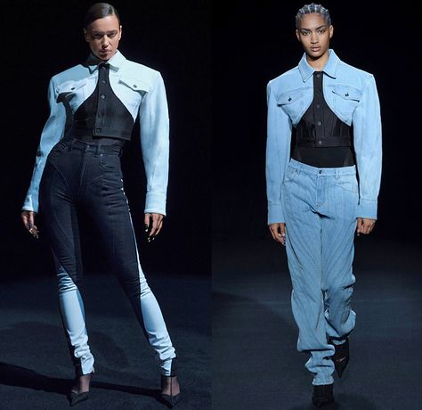 Mugler 2021 Spring Summer Womens Runway Catwalk Looks - Patchwork Ribbed Spiral Denim Jeans Jacket Sheer Tulle Cutout Holes Perforated Halterneck Wrap Tied Pantsuit Crop Top Midriff Optical Art Stripes Blouse Shapewear Bodycon Dress Boxy Shoulders Blazer Vest Silk Satin Lingerie Intimates Bedazzled Crystals Strapless Gown Cinch Corset Waist Tights Stockings Leggings Flare Pants Opera Gloves Heels Denim Patchwork Dress, Stripes Blouse, Leggings Flare, Denim Jeans Jacket, Catwalk Collection, Corset Waist, Opera Gloves, Optical Art, Satin Lingerie