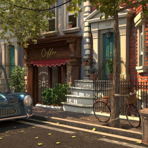 Anime Door Background, Cafe Concept Art, Anime Cafe Background Aesthetic, Anime Paris Background, Anime Cafe Background Outside, Ghibli City Background, Episode Interactive Backgrounds, Anime Places, Episode Backgrounds