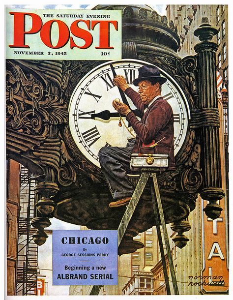 1945- Clock Repairman - By Norman Rockwell by x-ray delta one, via Flickr Norman Rockwell Prints, Saturday Evening Post Covers, Norman Rockwell Art, Rockwell Paintings, Norman Rockwell Paintings, Saturday Evening Post, Evening Post, The Windy City, Norman Rockwell