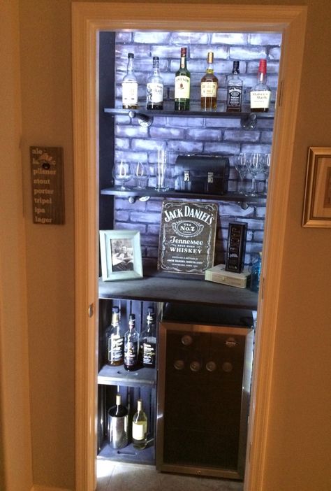 Hall closet turned into a bar Hallway Bar Ideas, Small Closet Bar Ideas, Liquor Closet Ideas, Bar Closet Ideas, Closet To Bar Conversion, Closet Into Bar, Small Speakeasy Room Ideas, Closet Turned Into Bar, Bar In Closet