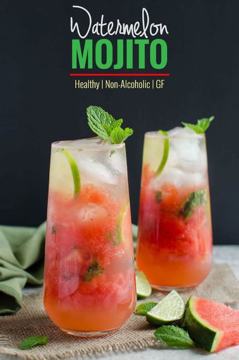 Watermelon Mint Mojito - Refreshing, healthy and non-alcoholic drink to enjoy hot days. Can easily turned into alcoholic drink if you want to | http://watchwhatueat.com Watermelon Mint Mojito, Resep Mojito, Mocktail Mojito, Watermelon Mocktail, Watermelon Mojito Recipe, Summer Drinks Nonalcoholic, Healthy Summer Drinks, Mojito Recept, Watermelon Mojito