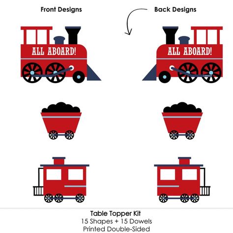 Railroad Party Crossing Centerpiece Sticks INCLUDES 15 Railroad Party Crossing table toppers in three different shapes, 15 wooden dowel sticks and stickers for easy assembly. Steam train party table decorations are perfect for a baby shower or birthday party. Railroad Party Crossing Party Centerpiece Sticks SIZE five Steam train table toppers, 10.75" wide x 7.5" tall; five Coal car table toppers, 5.5" wide x 5" tall; and five Caboose table toppers, 7.5" wide x 6" tall. The unique design and vari Party Centerpieces Diy, Paper Centerpieces, Train Birthday Party, Trains Birthday Party, Birthday Party Centerpieces, Train Party, Birthday Party Tables, Train Birthday, Shower Centerpieces