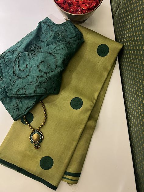 Like we very often show in our work, sometimes hightened restraint allows even the littlest details to shine and take center stage. This seemingly simple olive green pure handloom tussar saree with large sparsely spaced dark green polka dots is a testament to just that. It has its own dark green blouse piece but here it is seen paired with our versataile green heather blouse. Dark Green Blouse, Tussar Saree, Simple Saree Designs, New Saree Designs, Indian Saree Blouse, Indian Saree Blouses Designs, Simple Sarees, Embroidered Blouse Designs, Trendy Sarees